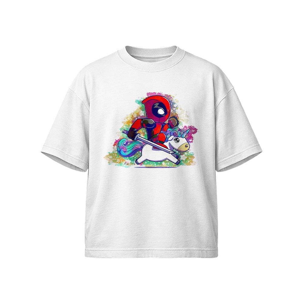 Funny Deadpool Riding Unicorn Graphic T-Shirt | Cute Chibi Marvel Anti-Hero T-shirt