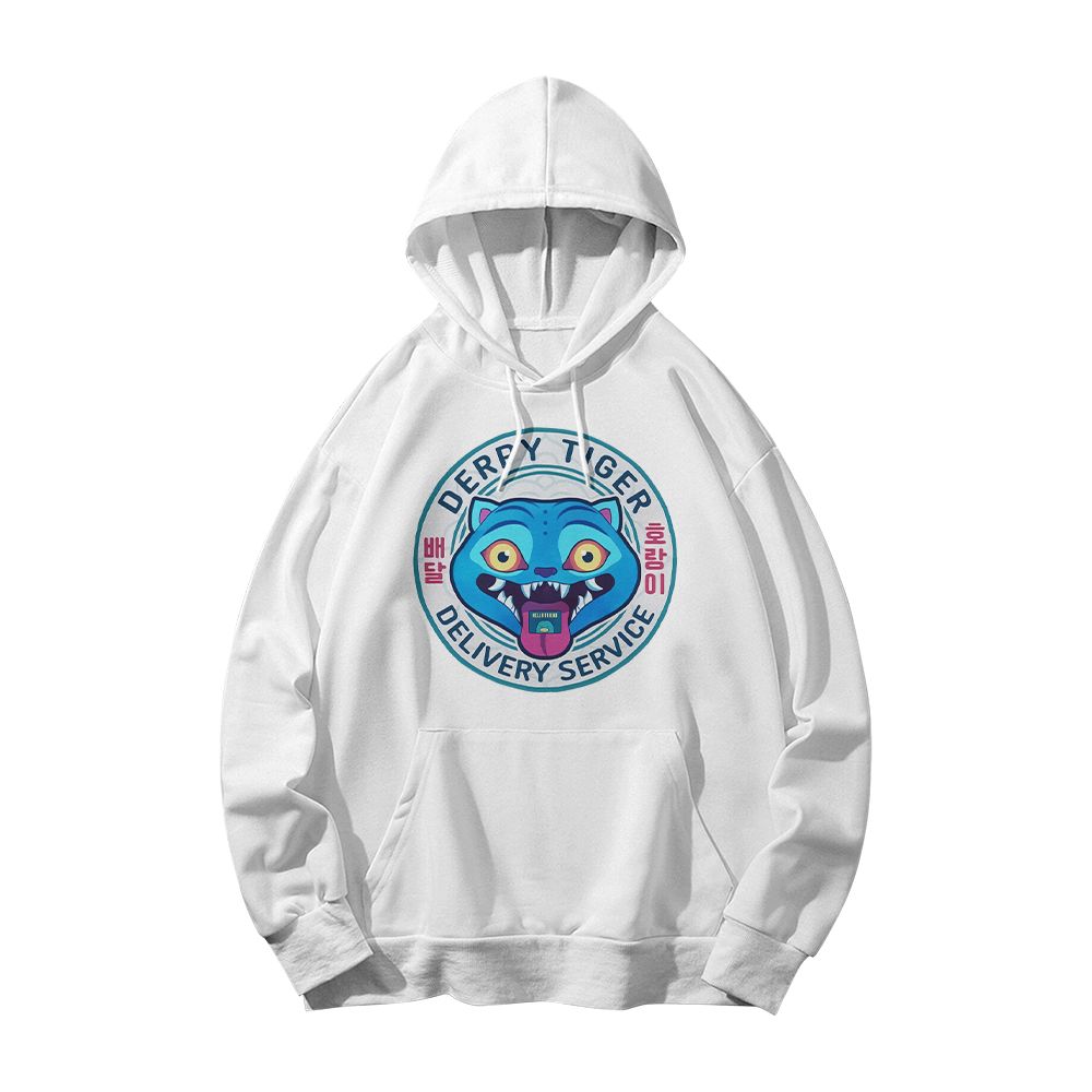 Derpy Tiger Delivery Service Graphic T-Shirt | Funny Korean Retro Cartoon Mascot Tee