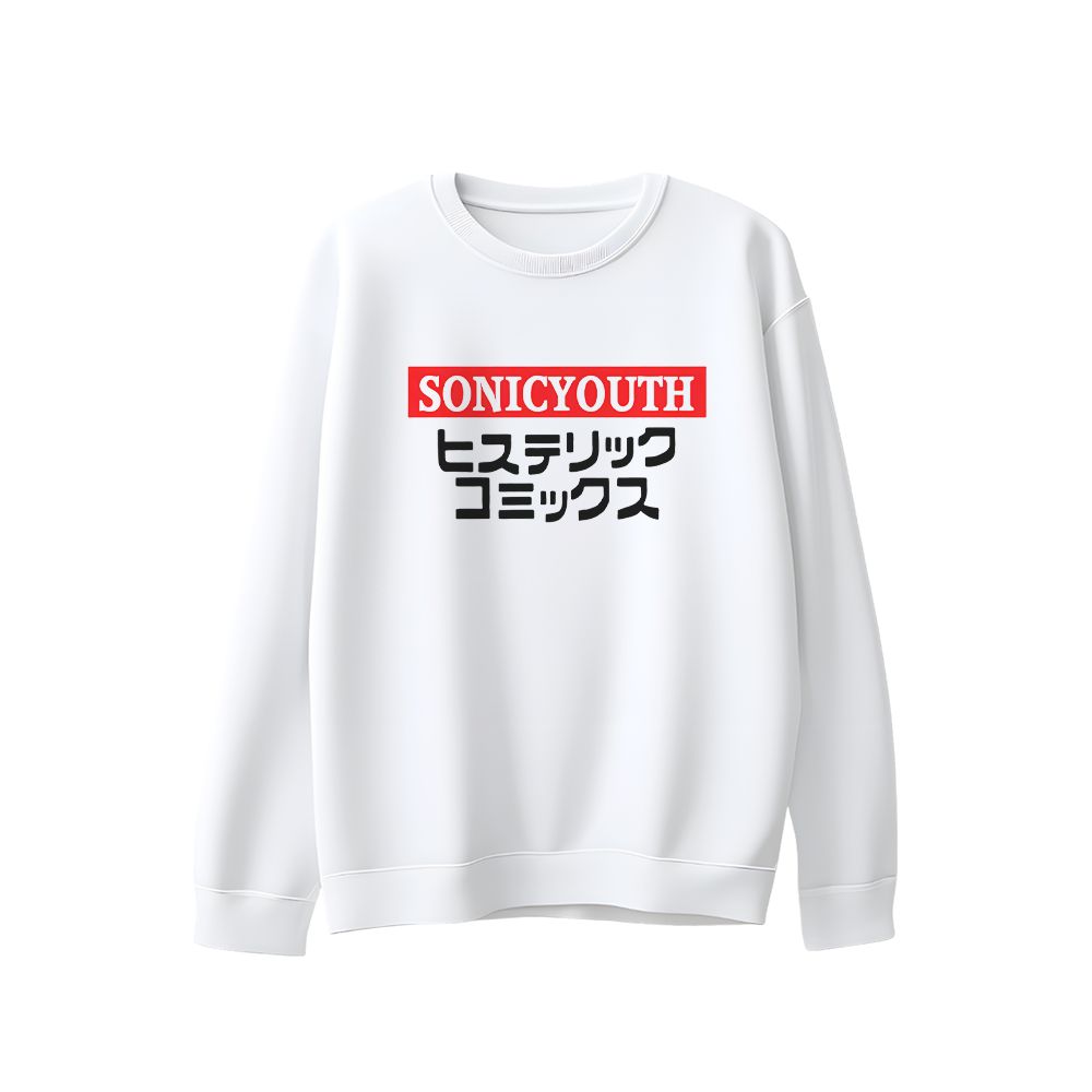 Vintage Sonic Youth Japanese Text Graphic T-Shirt | Retro Hysteric Comics Alternative Noise Rock Grey Tee