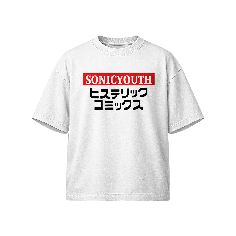 Vintage Sonic Youth Japanese Text Graphic T-Shirt | Retro Hysteric Comics Alternative Noise Rock Grey Tee