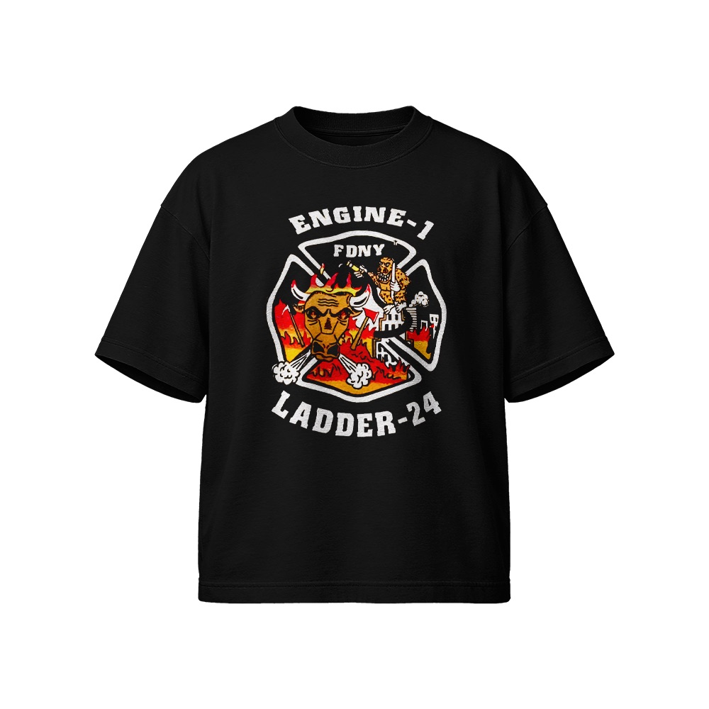 FDNY Engine 1 Ladder 24 Graphic T-Shirt - Retro New York Fire Department Oversized Tee