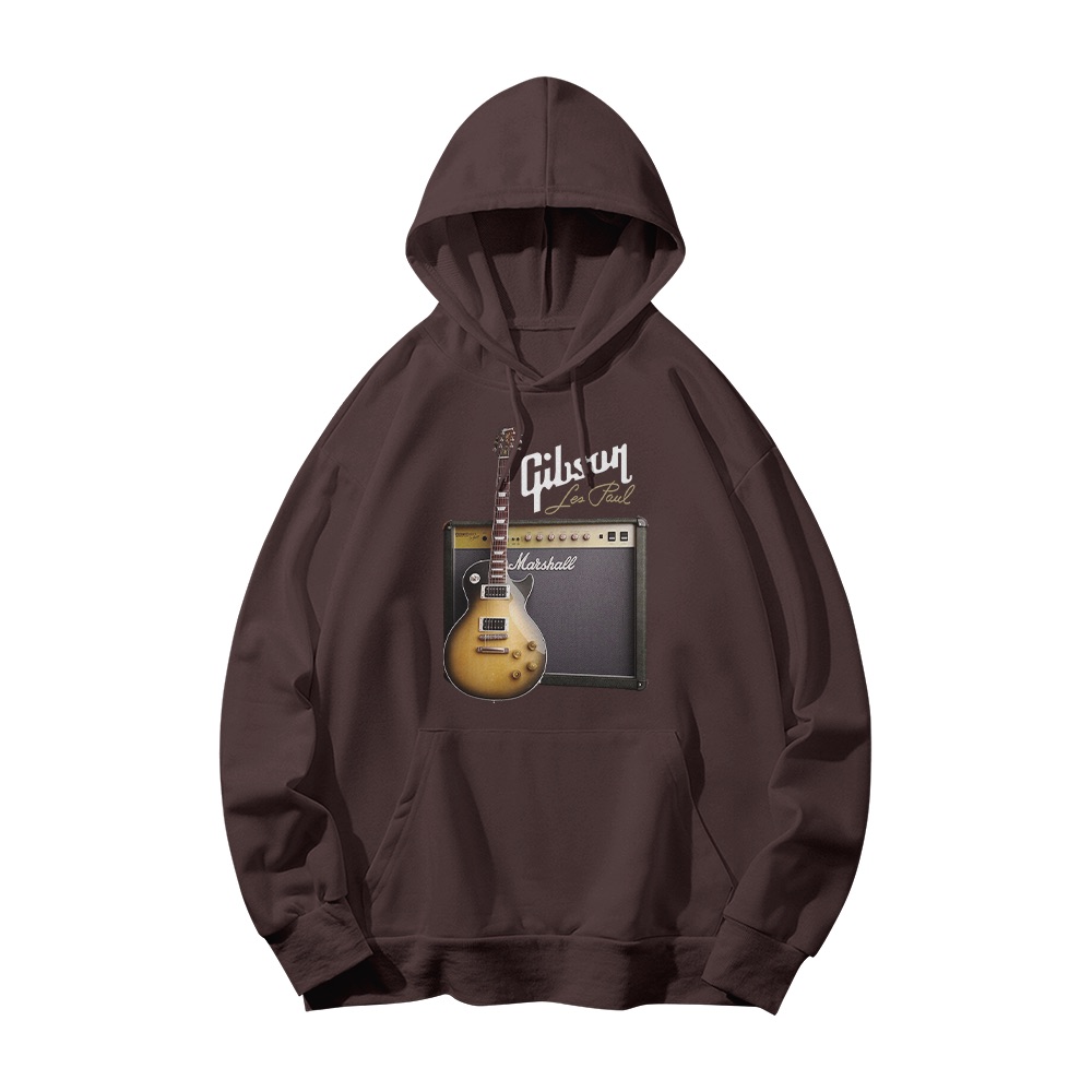 Gibson Les Paul Marshall Amp Graphic T-Shirt - Vintage Rock Guitar Brown Oversized Tee