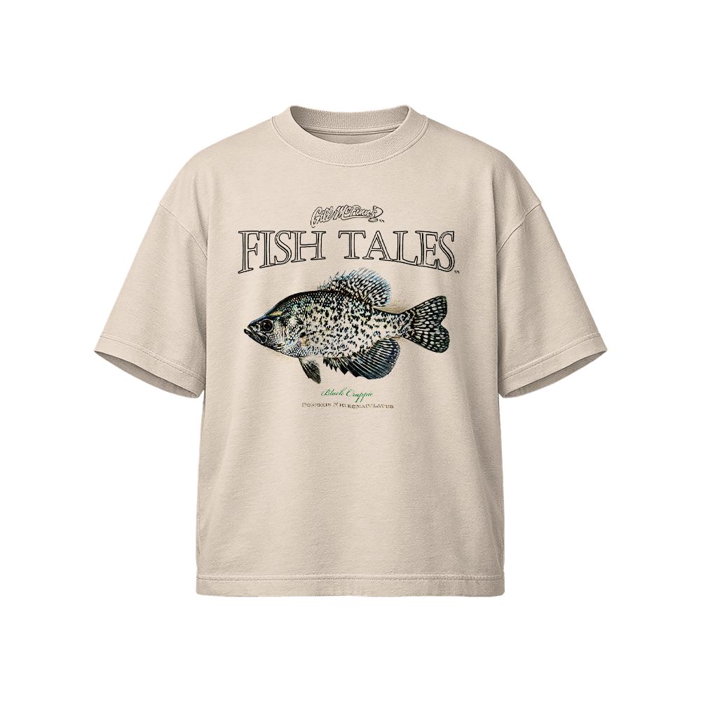 Fish Tales Black Crappie Graphic T-Shirt - Vintage Fishing Beige Oversized Tee
