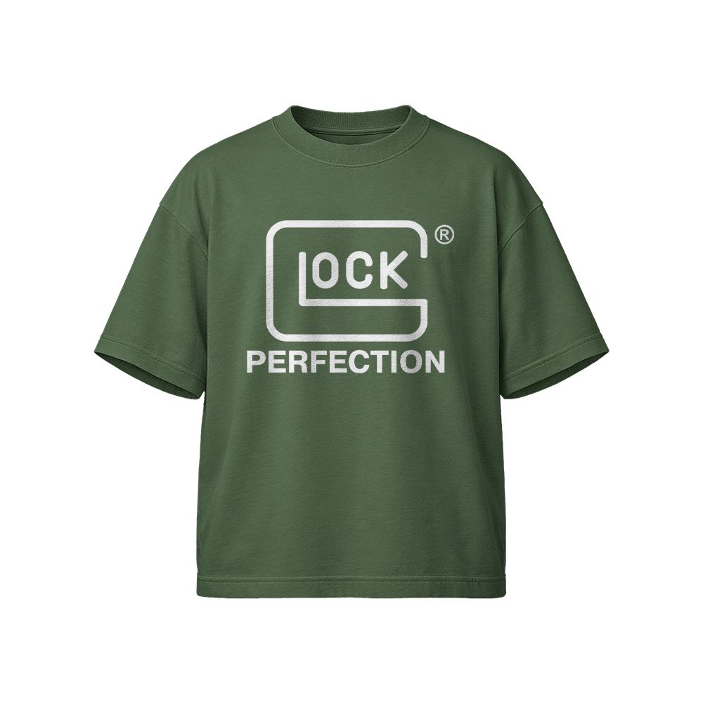 Glock Perfection Logo Graphic T-Shirt - Vintage Military Green Tactical Oversized Tee