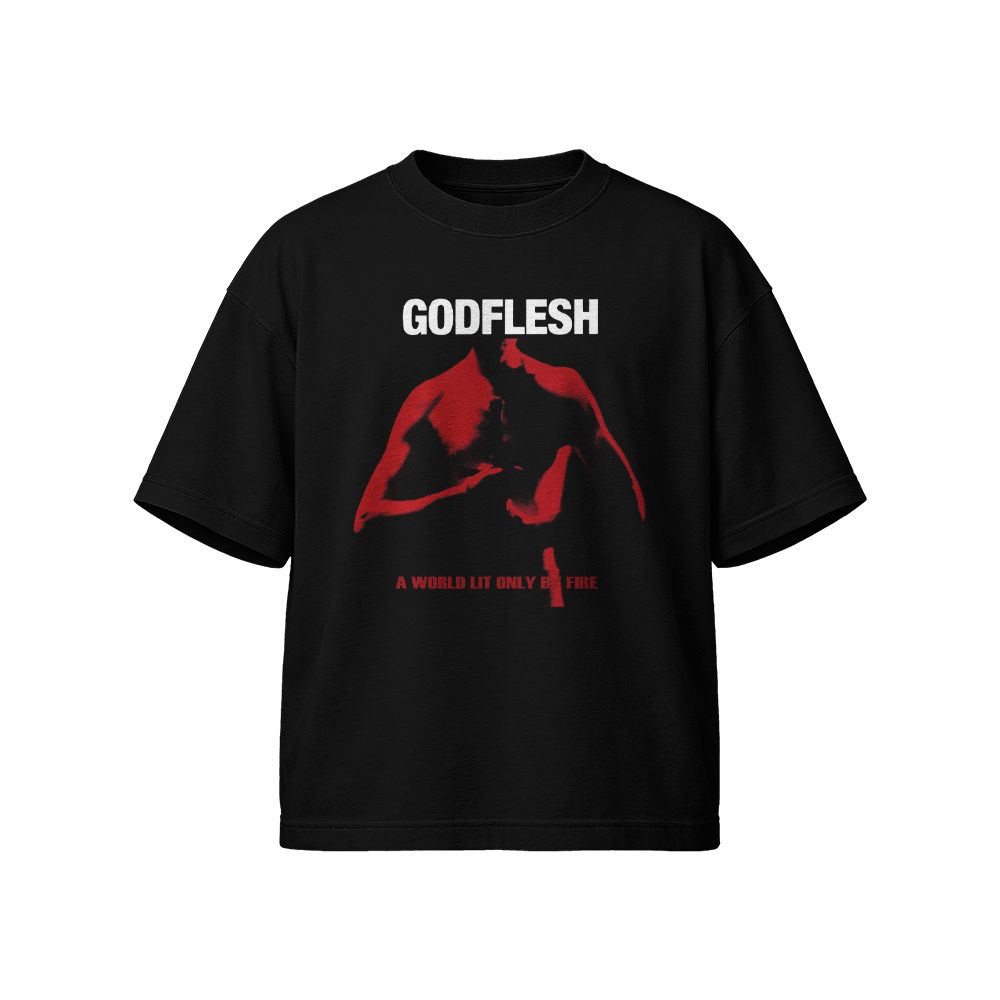 Godflesh A World Lit Only By Fire Graphic T-Shirt - Vintage Industrial Metal Dark Brown Oversized Tee