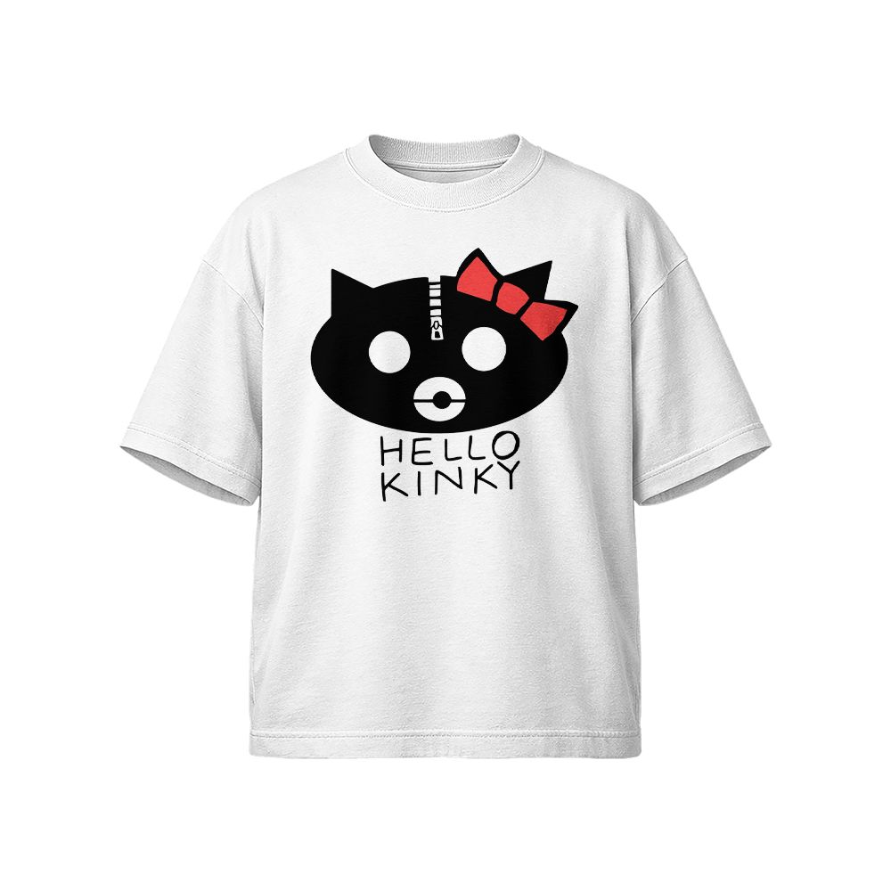 Hello Kinky Parody Graphic T-Shirt - Vintage Cartoon Goth White Oversized Tee