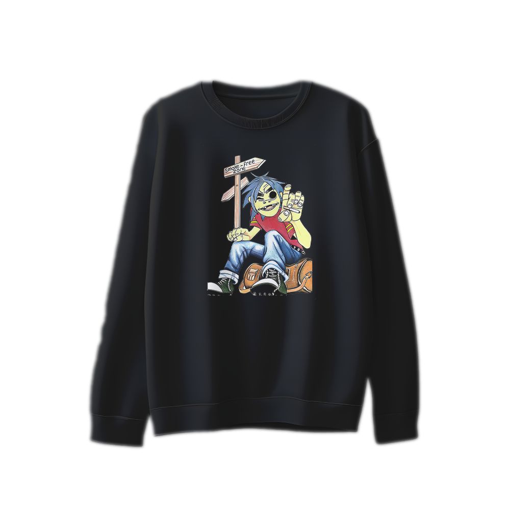 Gorillaz 2D Smoke Free Zone Graphic T-Shirt - Vintage Alternative Rock Black Oversized Tee