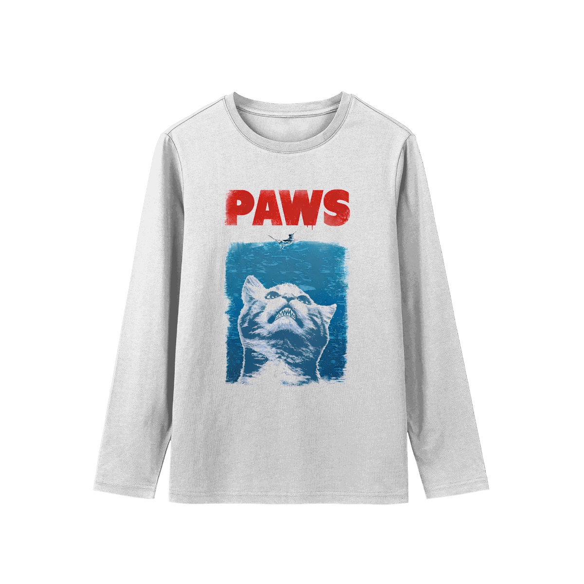 PAWS Funny Cat Jaws Parody T-Shirt - Cute Kitten Ocean Horror Movie Graphic Tee