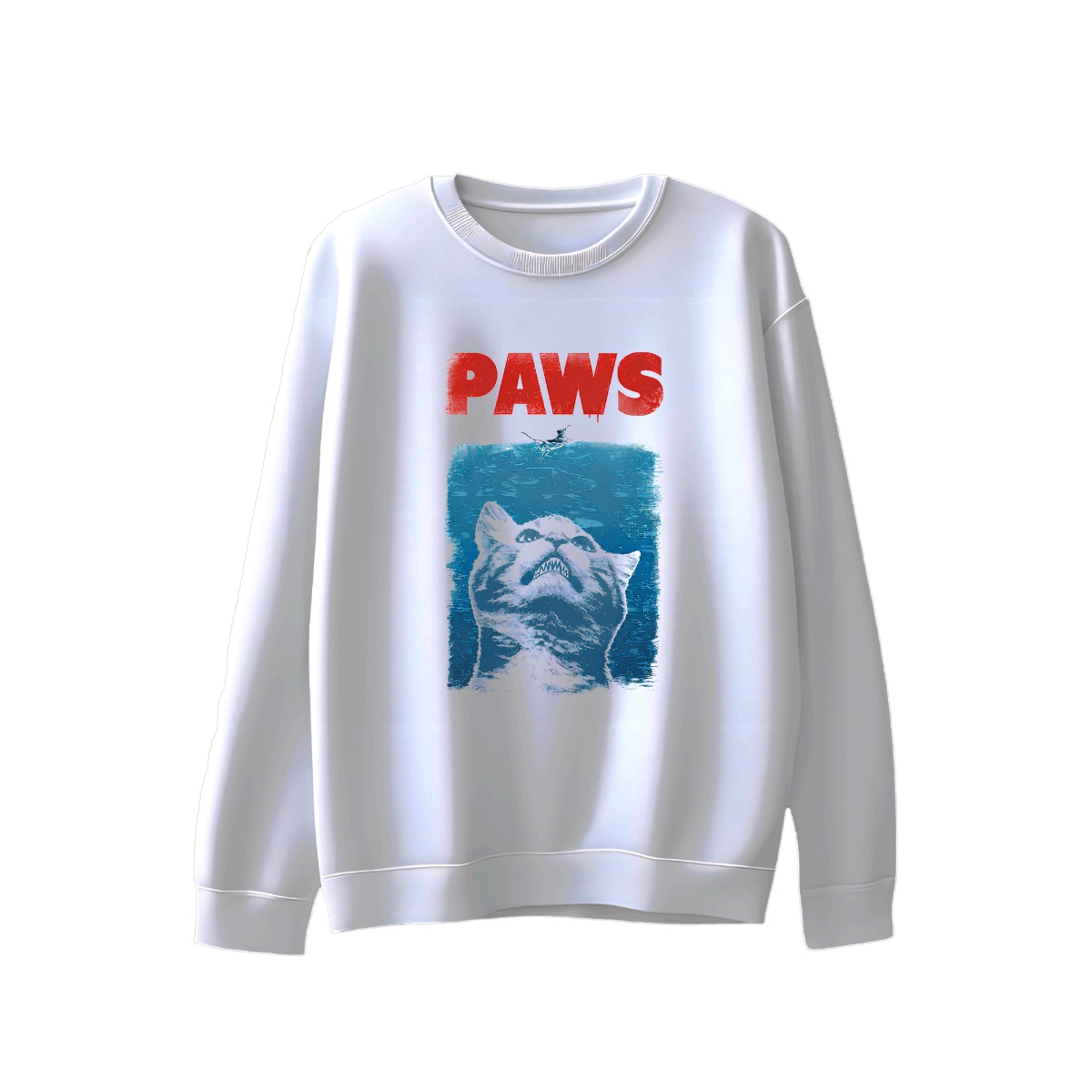 PAWS Funny Cat Jaws Parody T-Shirt - Cute Kitten Ocean Horror Movie Graphic Tee